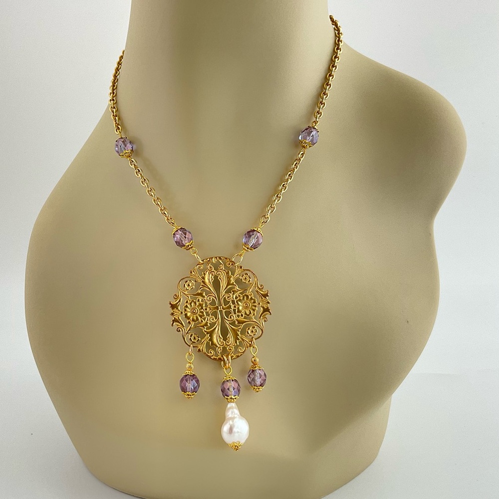 Baroque Pearl, Gold Filigree & Purple Czech Crystal Pendant Necklace, Rococo
